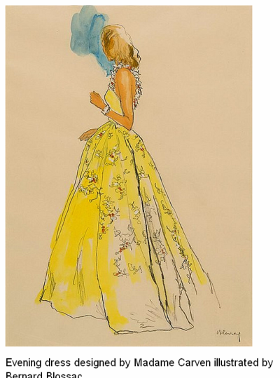 Evening dress designed by Madame Carven illustrated by Bernard Blossac