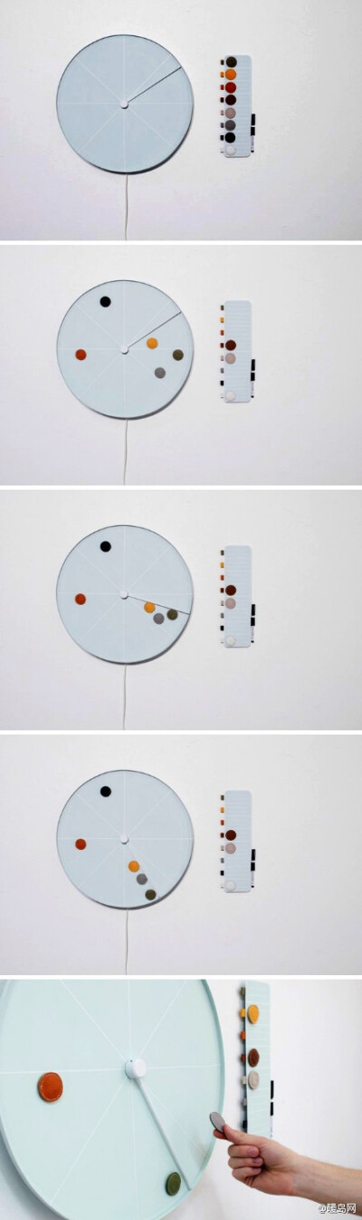 Maria Bergström 设计的Shoulda Woulda Coulda 钟表可以把日程通过彩色的小圆片标在钟表上，装饰提醒两不误（暖岛网）