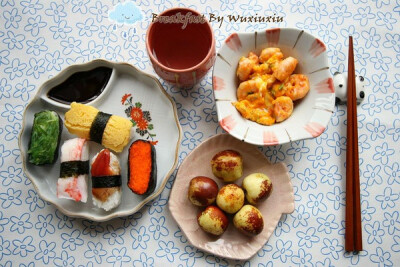 寿司拼盘+热茶+虾仁跑蛋+甜枣儿
