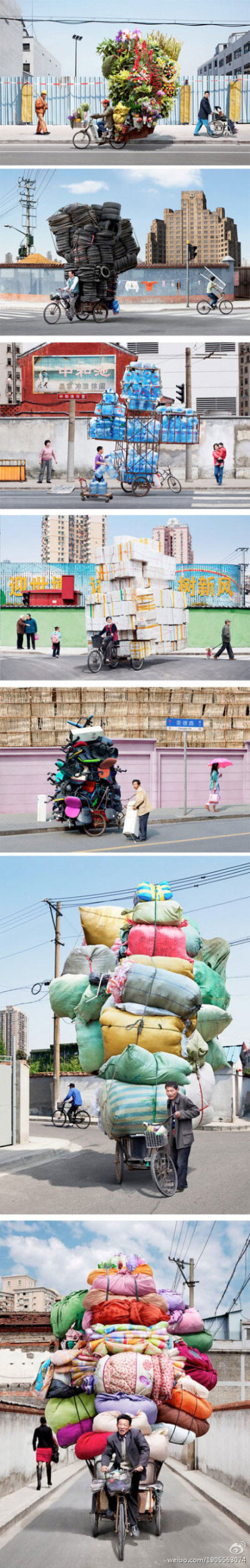 【法国摄影师眼中的上海骑车人】法国摄影师Alain Delorme向人们展示生活在自行车王国的中国人如何用自行车运输令人难以置信的大批货物。
