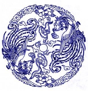 双凤呈祥青花瓷]（blue and white porcelain），又称白地青花瓷，常简称青花，是中国瓷器的主流品种之一，属釉下彩瓷。青花瓷是用含{氧化钴的钴矿为原料，在陶瓷坯体上描绘纹饰，再罩上一层透明釉，经高温还原焰一次烧成。钴料烧成后呈蓝色，具有着色力强、发色鲜艳、烧成率高、呈色稳定的特点。文人雅士对这些青花瓷的图案也甚为讲究，寄寓了自己不同的心境和愿望。