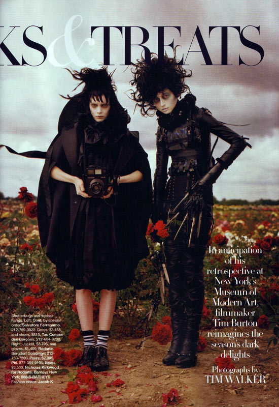 英国时尚摄影师蒂姆·沃克（ Tim Walker ）拍摄的一组作品。模特身着 Chanel和Alexander McQueen 的衣服，造型带有一股阴郁的哥特风格。是否感觉很“剪刀手爱德华”？确实，导演蒂姆·伯顿（Tim Burton）参与了这组片子，不但打造了模特的剪刀手造型，本人也上镜参与了拍摄。