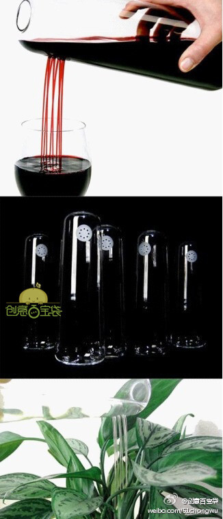 这个酒瓶的特别之处就在于它的杯颈处有8个小圆洞，红酒从这些小洞处倒入杯中，视觉上非常特别。用来浇花也不赖哦～