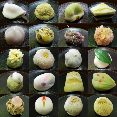 和菓子以其外型來分：餅菓子（mogigashi) 饅頭（manju) 羊羹（youkan)求肥菓子（giyuhigashi)練切菓子（nerikirigashi) 金團菓子（soborogashi) 鹿之子菓子（kanokogashi） 錦玉羹（kingiokukan)…