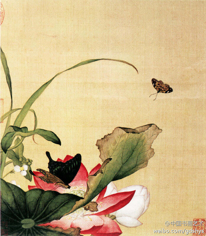 郎世宁《荷花蝴蝶》--- 郎世宁以中西合璧的绘画技法，描绘出独树一帜的花鸟画作品。画中仍带有西方绘画中的明暗变化，造型写实生动。此幅中的荷花蝴蝶设色艳丽，描绘极其细致逼真，富有很强的立体感和层次感。