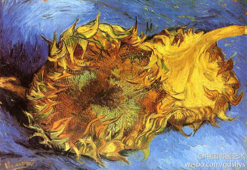 梵高 油画《向日葵》 --- 向日葵是梵高喜爱的作品题材，在阿尔期间，他创作了一系列《向日葵》。梵高的作品有一种震撼人心的力量，其中的奥妙之一就是梵高大胆的色彩运用和简练快速的笔法，他的这种技法使感情的宣泄喷涌而出，从而震撼了观众。