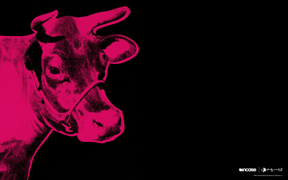 Cow 1966 年，Warhol 再次以「?！怪黝}壁紙震撼藝術(shù)領(lǐng)域，開啟了通往創(chuàng)意表現(xiàn)的嶄新驚奇之路。他著名的影像重複使用及絲網(wǎng)印製程序，非常適合壁紙媒材使用。Warhol 從沒沒聞聞的農(nóng)業(yè)雜誌中選了一幅再普通不過的牛照片，將牛這個主角從許多田園風(fēng)光畫作常用的綠色鄉(xiāng)間背景中抽離出來，進(jìn)而使之成為自己獨一無二的代表作品。Warhol 運(yùn)用經(jīng)典的絲網(wǎng)印製風(fēng)格和大膽的用色，將溫順的?；癁槠娈?、無憂無慮的角色；充滿漫畫風(fēng)格的色彩潰散感充斥著整個空間。