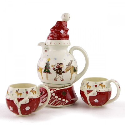 圣诞 骨瓷茶具套 情侣陶瓷茶具 配加热座