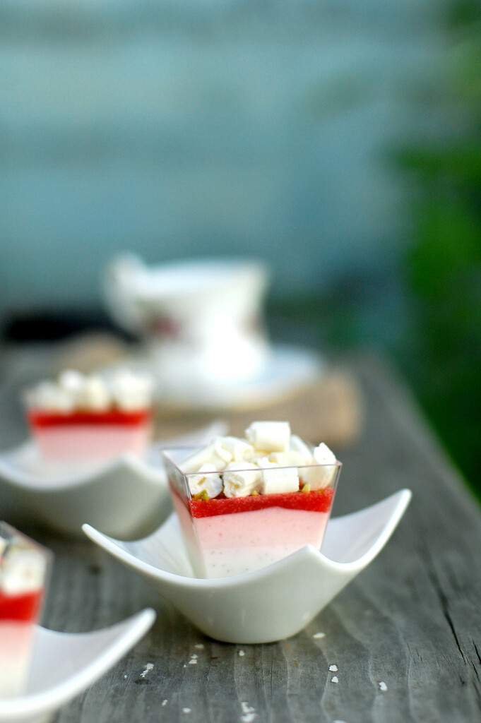 Crème Fraîch Panna Cotta with Strawberry Mousse, Strawberry Gelée & Baked Meringue Sticks