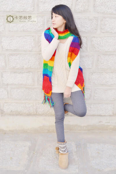 手工编织围巾彩虹色 手套一体斗蓬帽