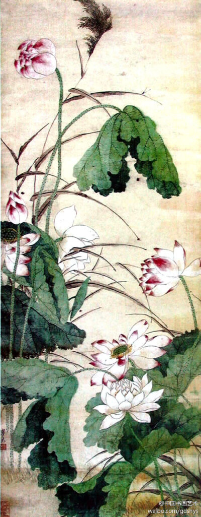 赵梦朱 作品《荷塘》--- 赵梦朱(1892—1985)的绘画成就，远法宋人踪迹，而重师造化，习水彩法融国画之中，他的工笔写意，技巧严谨，注重写实，秀丽娇绝，雍容华贵，具有鲜明雅逸的个人风格。