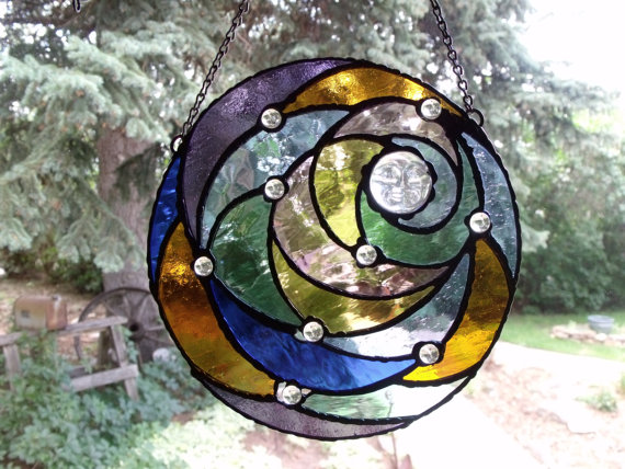 Round Stained Glass Art Panel Ethereal Night Moon