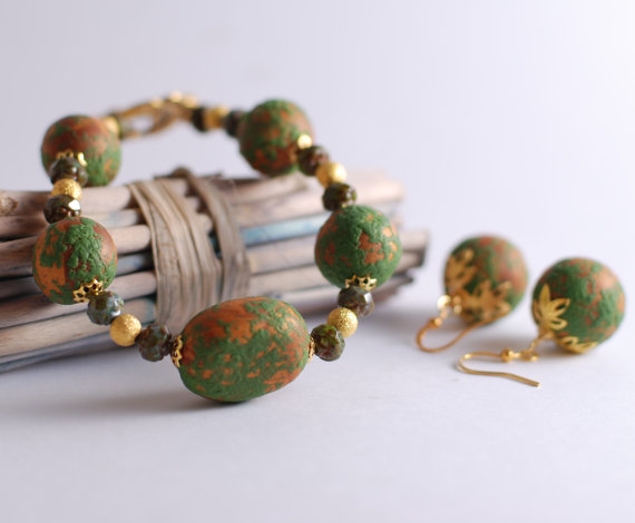 Moss green and gold polymer clay bracelet and earrings