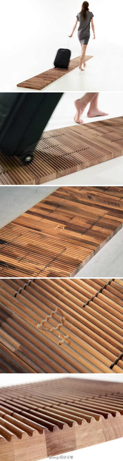 旅行箱协奏曲-通过巧妙组合凹凸有秩的木质棱纹砖，荷兰设计师Jeriel Bobbe创造出一条可以奏乐的行李运送带