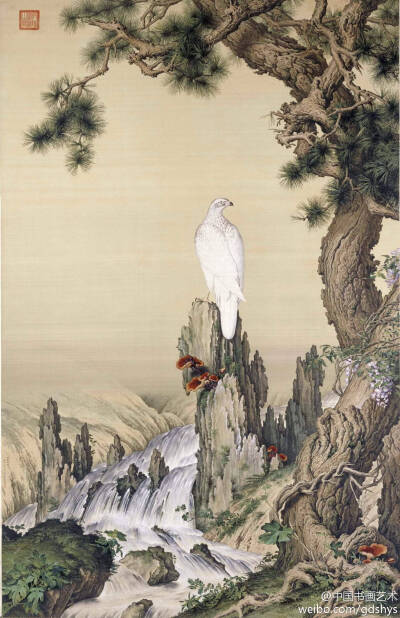 郎世宁《嵩献英芝图》--- 这幅虽然有着明显欧洲画法因素，但其画中所含的内容却完全是中国的。图中的白鹰、松树、灵芝、巨石、流水等均是中国绘画中习见的物象，画家们经常用以为人祝寿、祈福。中国传统的花鸟画中，…