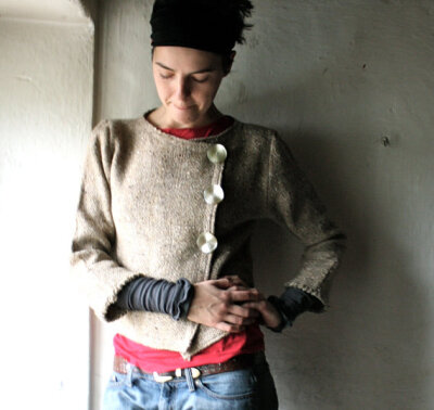 Ecru Handwoven Jacket with asymmetrical buttons