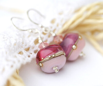 Valentines day Earrings pink lampwork glass beads