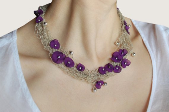 Linen Necklace Delicate CrochetPurple