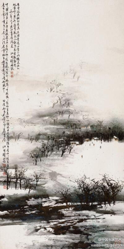 江明贤《长岛瑞雪》--- 江明贤是台湾画家。他植根于中国传统绘画，同时吸收西画技法，在中国画的创新方面努力进行探索。此幅雪景巧妙地利用西画的空间透视，使远处景物渐渐消失在茫茫白雪之中。