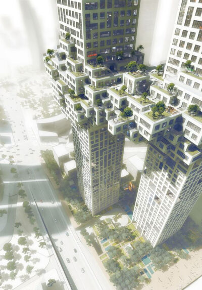 阿姆斯特丹的建筑事务所MVRDV设计了两幢名为the cloud的双子塔住宅，这个设计将在韩国首尔龙山区的dreamhub中建造。两座建筑分别高260m和300m，在27层开始往上10个楼层的跨度，设计师将楼房往建筑外扩展，使两幢大楼…