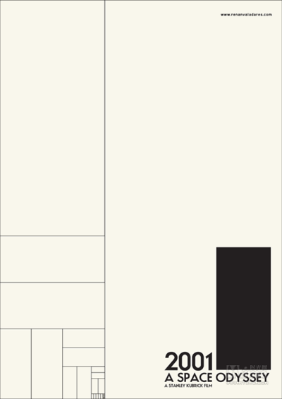 《2001太空漫游》（1968）。错落有致的线条，设计风格现代感十足，与电影本身科技感十足的宇航画面非常吻合。画面右下角的黑色石碑是破解全片主题的关键所在。