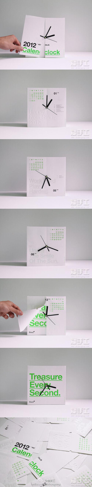 【Calenclock 2012】设计：Ken Lo。时钟的主体是月历，12张12个月，一月过去对半撕中间虚线去即可。巧妙在于当月月份和时间数字的对应，如一月就是1点的时间方向，二月就是2点的时间方向，依此类推，将十二点和十二个月巧妙的结合。http://t.cn/aDE0ul