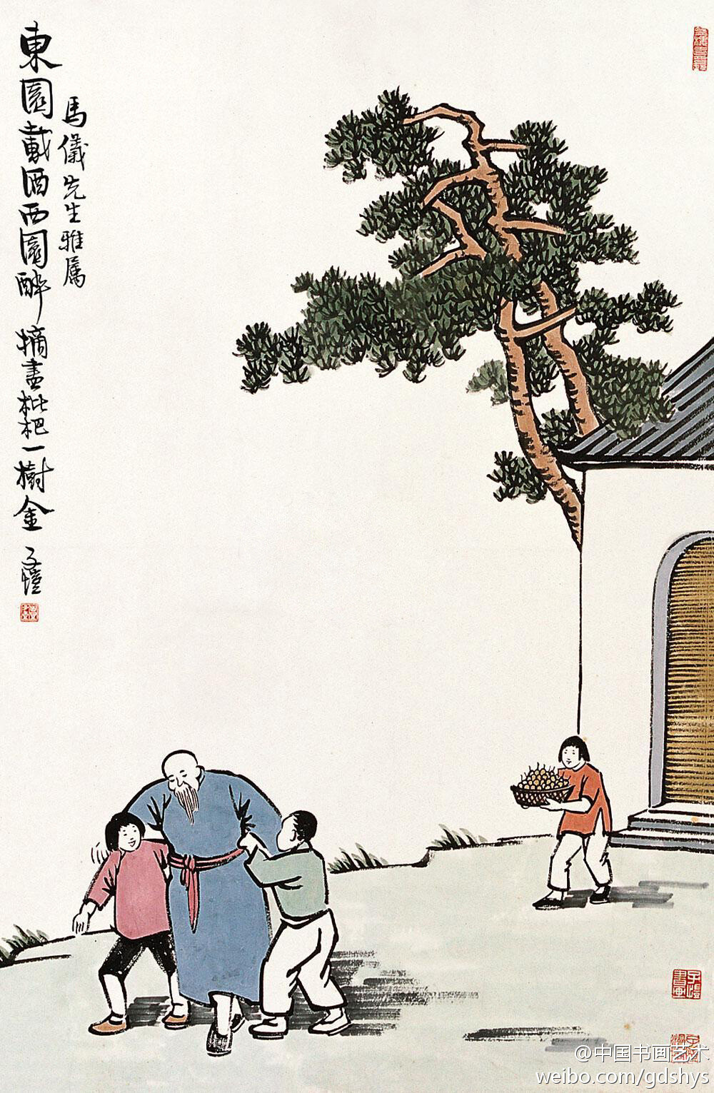 丰子恺 漫画《田翁烂醉》---"东园载酒西园醉,摘尽批杷一树金"