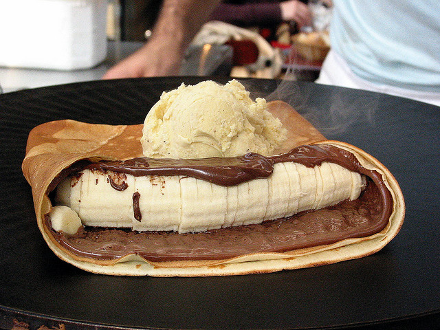 banana-nutella crepe topped with ice cream
