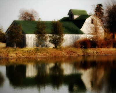 Barn in white country pond autumn fall