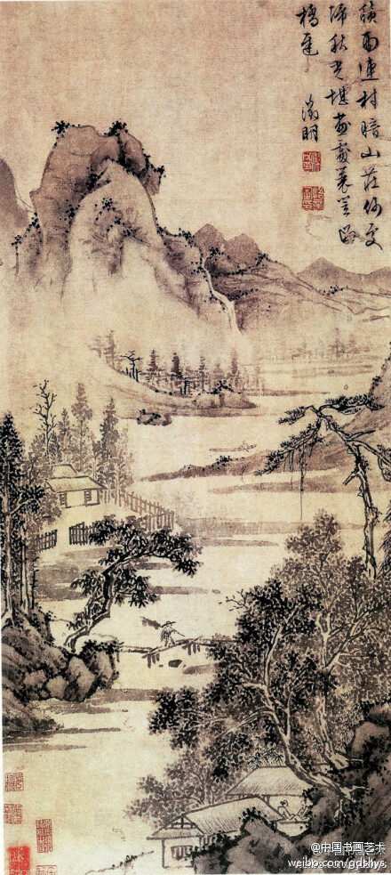 明 文徵明 《积雨连村图》--- 此图笔墨疏简，远山用笔轻柔淡润，随意勾出山体轮廓，略施渲染，以浓墨点苔。近树和中景树木用墨点成，或浓或淡，疏密不显，呈平面感。美国波士顿艺术博物馆藏。