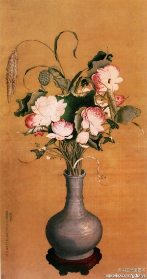 清郎世宁《平安春信图》--- 这是一幅人物肖像画，此幅画上并没有作者的