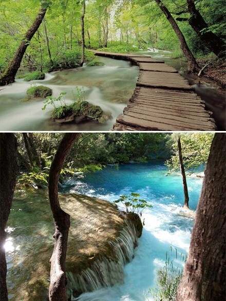 查看大图【克罗地亚国家公园】Plitvice Lakes有“水的天堂”之称，在那儿瀑布遍布，16个像绿，蓝色水晶般的湖泊点缀在茂密的原始森林间，被认为是地中海沿岸最美丽的地方之一。在森林间，在水面上蔓延的小路适合度蜜月的新人悠悠漫步，浪漫又惬意。