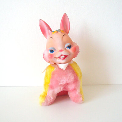 1950s Vintage bunny toy doll with rubber face and plush stuffed body