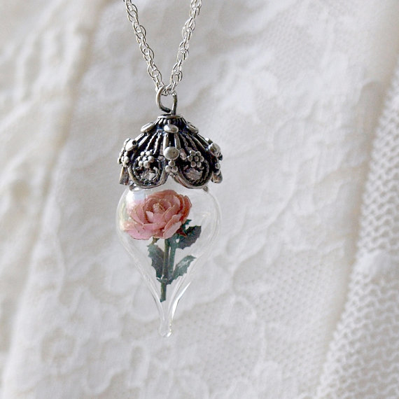 Flower Terrarium Necklace Pink Rose