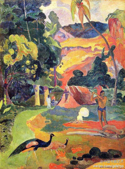 保罗·高更 作品 《小山村》 --- 保罗·高更（P.Gauguin ）与塞尚、梵高同为美术史上著名的“后期印象派”代表画家，他画中那种强烈而单纯的色彩，粗犷的用笔，以及具有东方绘画风格的装饰性，与他在大溪地岛上描绘原…