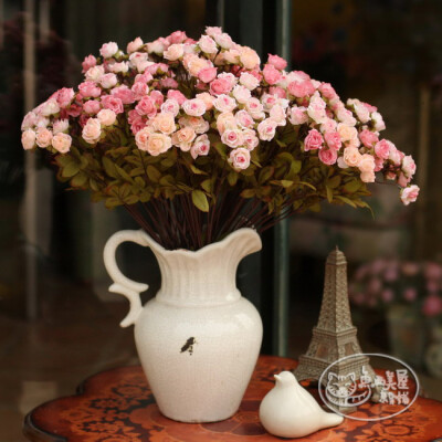 粉色小玫瑰与仿古花器整体花艺 仿真花套装假花绢花