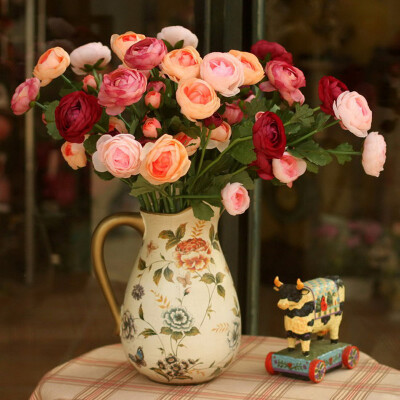 法国长枝玫瑰 蝴蝶单耳花瓶整体花艺仿真花套装假花