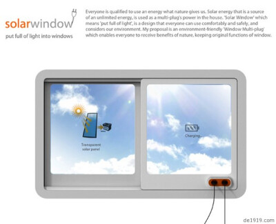 太阳能窗户，利用透明的电池板收集太阳能，并转化为电能储存起来加以利用，同时还能保持室内温度，一举多得的环保好概念。用上这个，你会期盼太阳来得更猛烈些吧！