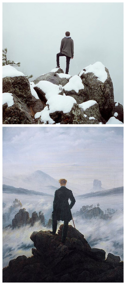 “Wanderer above the Sea of Fog, 1818″ by Caspar David Friedrich remade by Spencer Harding. 在雾海上驰骋