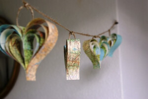 Recycled map garland of hearts