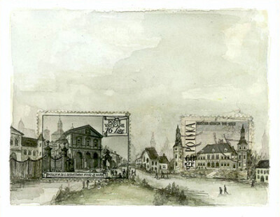 每张“邮票画”的创作过程，都是从真实的小邮票开始的。把邮票贴在白纸上作为画面主题，用水彩和水粉来绘制扩大的场景。