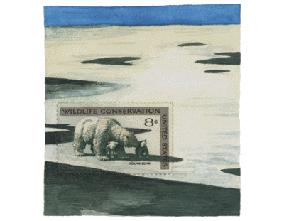 每张“邮票画”的创作过程，都是从真实的小邮票开始的。把邮票贴在白纸上作为画面主题，用水彩和水粉来绘制扩大的场景。