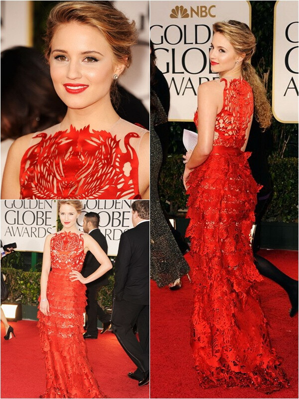 戴安娜·艾格伦(Dianna Agron)中国“剪纸”镂空红裙亮相第69届金球奖（69th Annual Golden Globe Awards ）颁奖典礼红毯