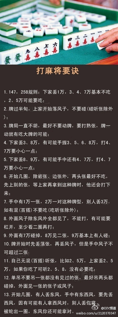 【打麻将要诀】：打麻将已经成为大家所喜爱的娱乐项目，给大家总结了一点小的要诀，祝大家多赢哈！