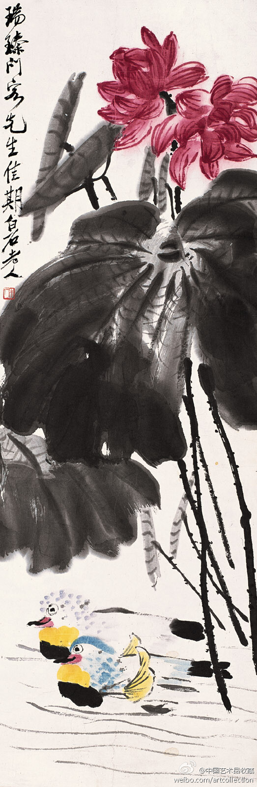 【 齐白石 《荷花鸳鸯》】镜心，设色纸本，104×34cm，1950年作。荷花、鸳鸯，皆是美好的象征。以荷花鸳鸯赠以新婚佳人，更是锦上添花，别具匠心。此画乃齐白石老人赠以门生吴瑞臻以祝贺新婚之作。画面萦绕着一股幸福的气息，一对鸳鸯于大写意荷叶下窃窃私语，两朵怒放的荷花昭示着美好与希望