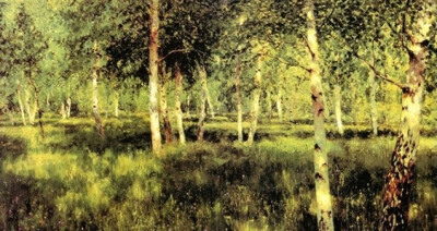 列维坦--白桦丛，作者尝试描绘阳光照在桦树林中的光感和空气感，具有鲜明的印象派画风。