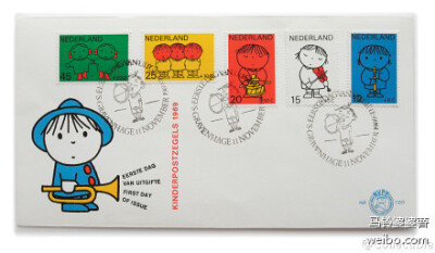 11 November 1969 --- 荷蘭繪本作家 Dick Bruna 為兒童福祉郵票所繪畫的五枚組與首日封圖案，用上知名的 "Bruna Color" 印製