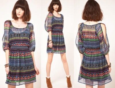 www.asos.com-Band of Gypsies Cut Out Shoulder Dress In Neon Aztec Print 英镑£45.00