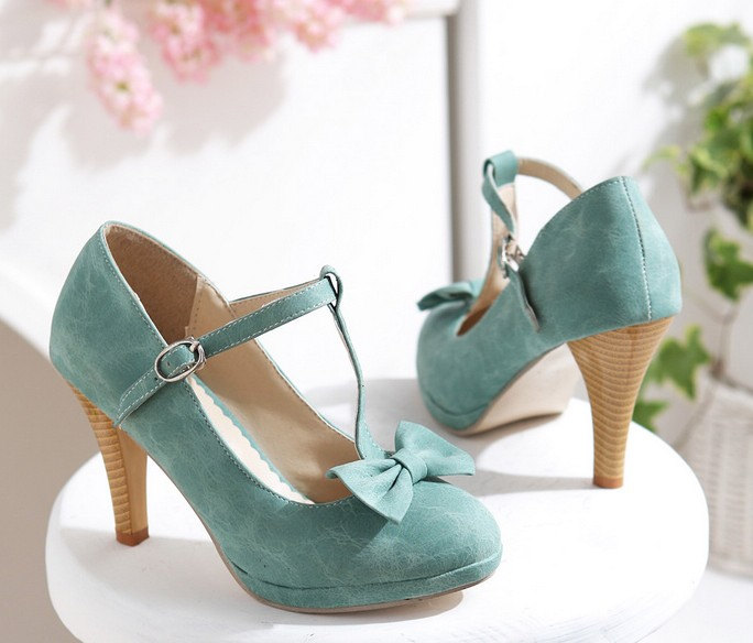 By EmiliaCaracol-Vintage turquoise aqua bow pumps shoes（旧货，绿松石色系带蝴蝶结高跟鞋）