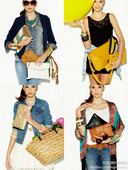 Blanco Accessories Spring 2012 Campaign Clutch手包系列，利用草编的形式来编织出的黄色手包堪比由华贵丝缎所锻造出的奢品；两色拼接的皮革手包也是今年最为流行的趋势之一。而在链条包的处理上除了能够看到Chanel的经典痕迹外，还能看到精心改良后的匠心独运。